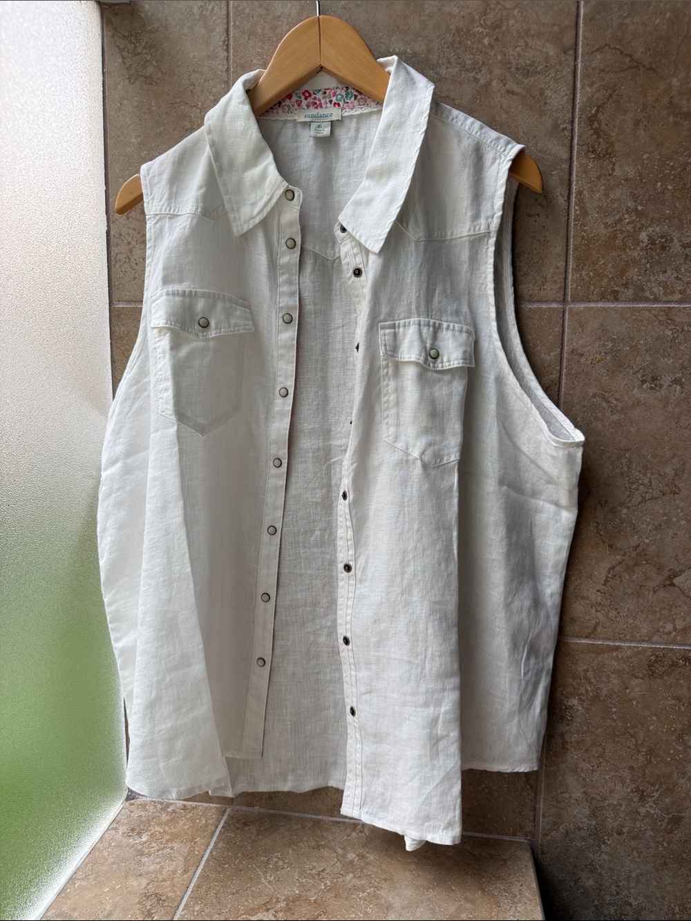 Sundance Pure White Linen Willow Sleeveless Top Pearl Snap Front XL Button-down - Picture 2 of 15